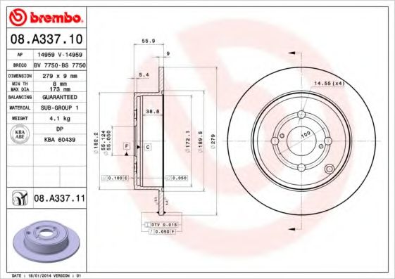 BREMBO 08A33710 Тормозные диски BREMBO для TOYOTA