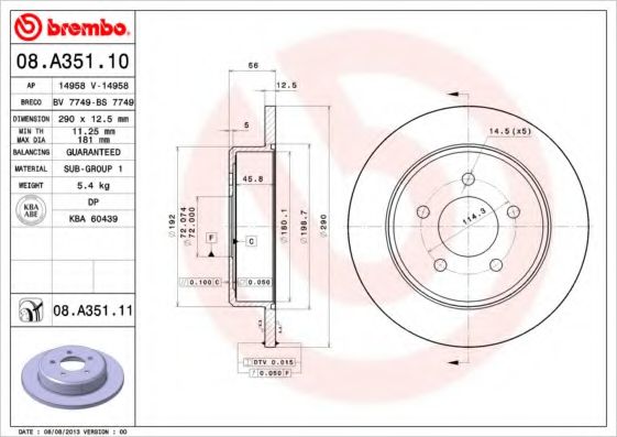 BREMBO 08A35111 Тормозные диски BREMBO для DODGE