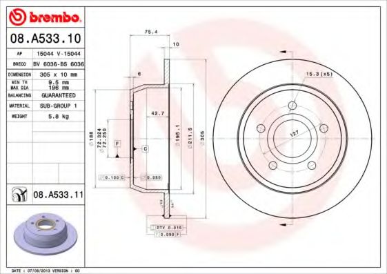 BREMBO 08A53311 Тормозные диски для JEEP GRAND CHEROKEE