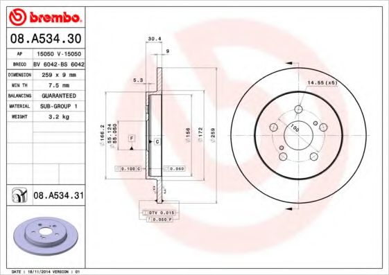 BREMBO 08A53430 Тормозные диски для SUBARU TREZIA