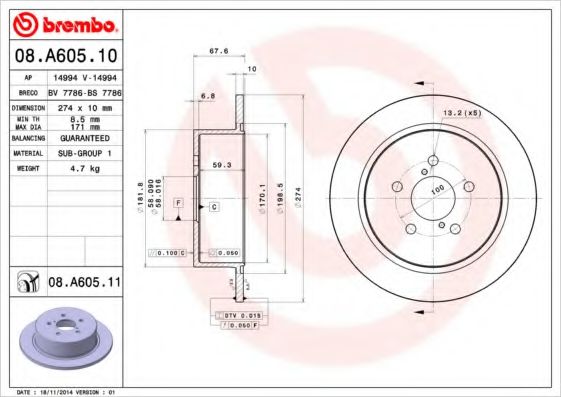 BREMBO 08A60511 Тормозные диски для SUBARU OUTBACK