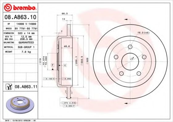 BREMBO 08A86310 Тормозные диски для JEEP GRAND CHEROKEE