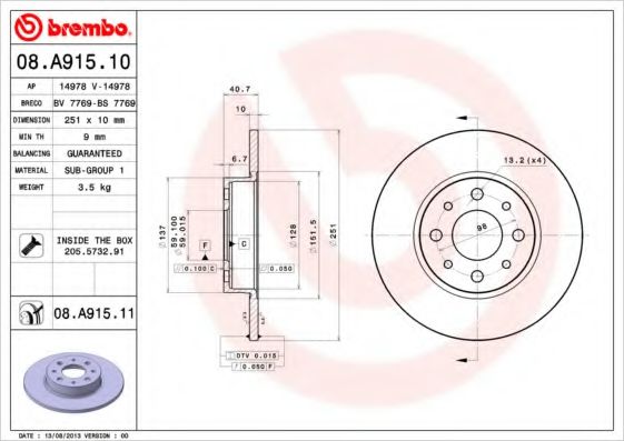 BREMBO 08A91510 Тормозные диски BREMBO для ALFA ROMEO