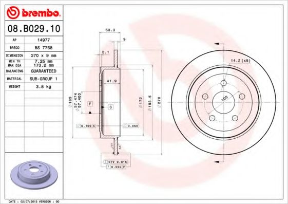 BREMBO 08B02910 Тормозные диски для CHRYSLER PT CRUISER