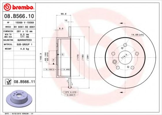 BREMBO 08B56611 Тормозные диски BREMBO для TOYOTA