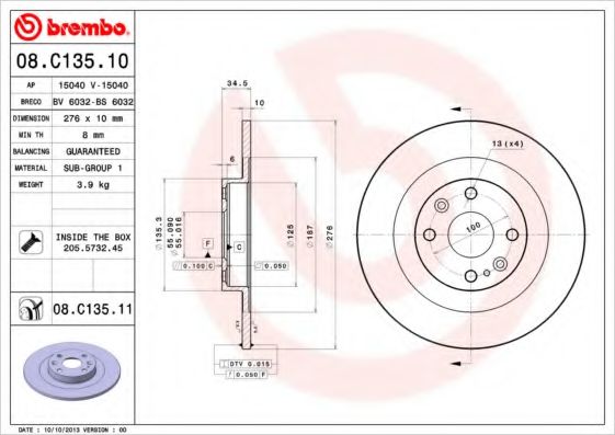 BREMBO 08C13510 Тормозные диски BREMBO для MAZDA