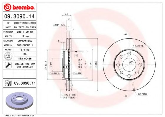 BREMBO 09309011 Тормозные диски для CHEVROLET
