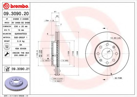 BREMBO 09309020 Тормозные диски для CHEVROLET LOVA