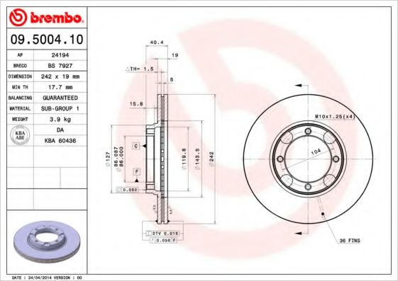 BREMBO 09500410 Тормозные диски для HYUNDAI S-COUPE