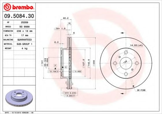 BREMBO 09508430 Тормозные диски BREMBO для TOYOTA