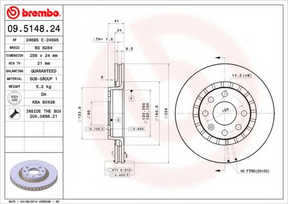 BREMBO 09514824 Тормозные диски для OPEL CALIBRA