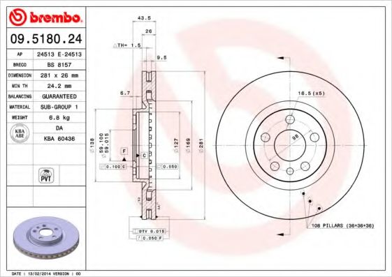 BREMBO 09518024 Тормозные диски для FIAT SCUDONATO