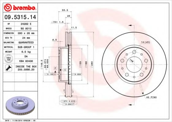 BREMBO 09531514 Тормозные диски для VOLVO 940 2 универсал (945)