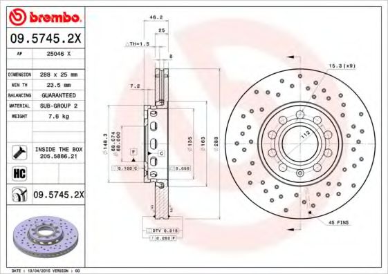 BREMBO 0957452X Тормозные диски для SKODA