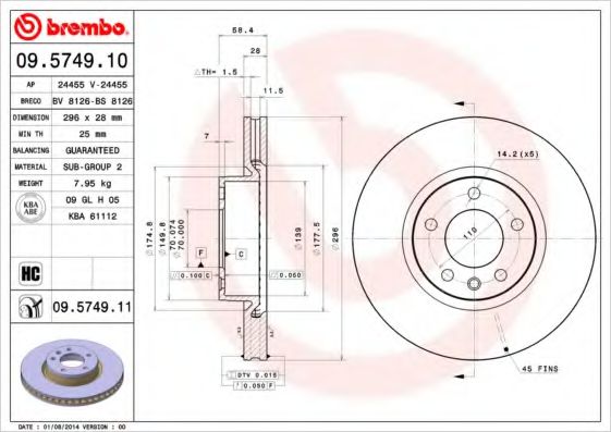 BREMBO 09574911 Тормозные диски для OPEL OMEGA A универсал (66, 67)