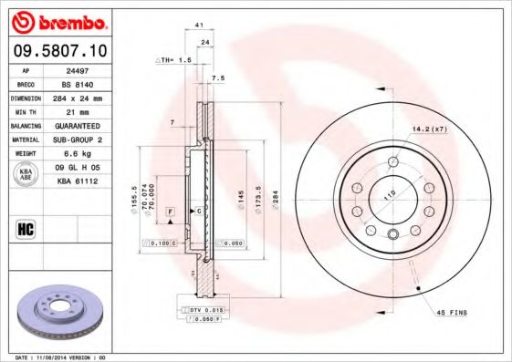 BREMBO 09580710 Тормозные диски BREMBO для OPEL CALIBRA