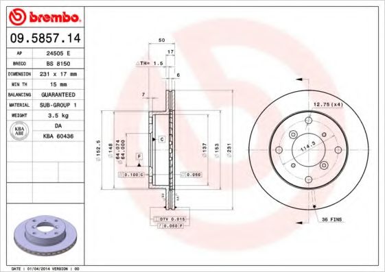 BREMBO 09585714 Тормозные диски BREMBO для SUBARU