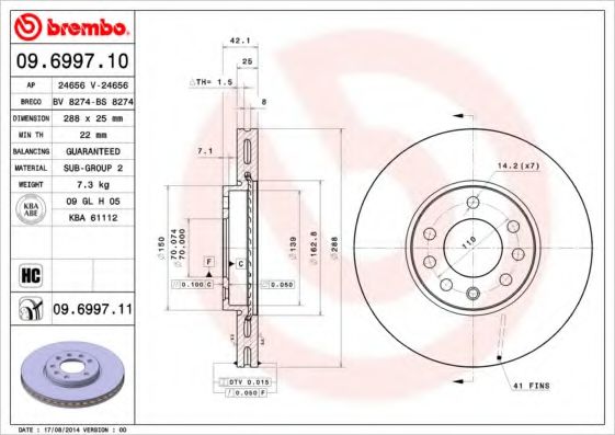 BREMBO 09699710 Тормозные диски BREMBO для OPEL CALIBRA