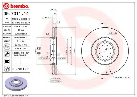 BREMBO 09701111 Тормозные диски для SKODA ROOMSTER