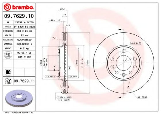 BREMBO 09762910 Тормозные диски BREMBO для CHEVROLET