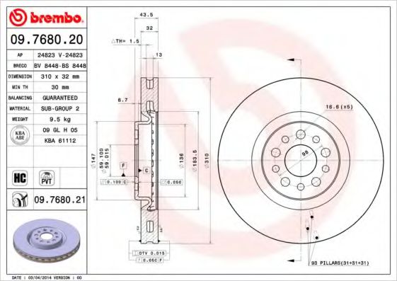 BREMBO 09768020 Тормозные диски BREMBO для LANCIA