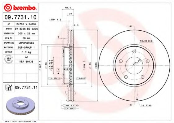 BREMBO 09773111 Тормозные диски для JAGUAR
