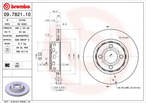 BREMBO 09782110 Тормозные диски для AUDI CABRIOLET