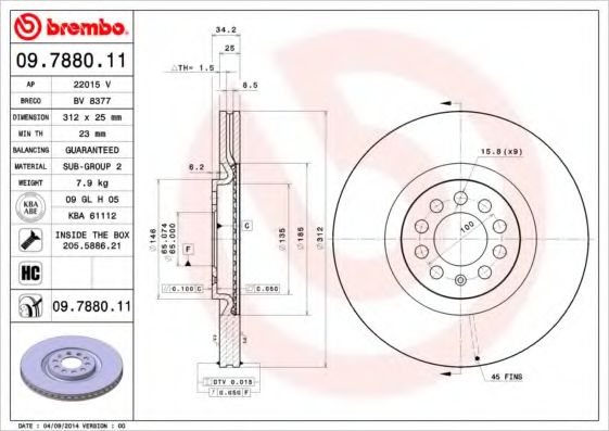 BREMBO 09788011 Тормозные диски для AUDI TT