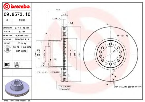 BREMBO 09857310 Тормозные диски для MERCEDES-BENZ ATEGO