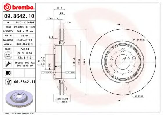 BREMBO 09864211 Тормозные диски для VOLVO S70
