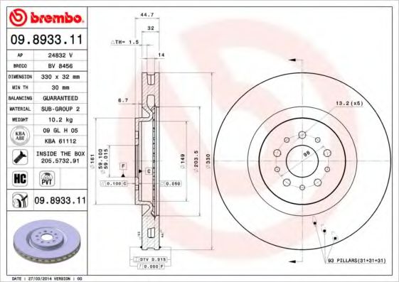 BREMBO 09893311 Тормозные диски для ALFA ROMEO GT
