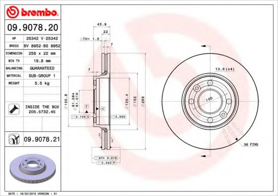 BREMBO 09907820 Тормозные диски BREMBO для MERCEDES-BENZ