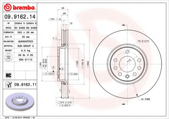 BREMBO 09916211 Тормозные диски BREMBO для CADILLAC