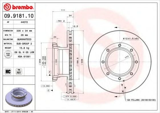BREMBO 09918110 Тормозные диски для MERCEDES-BENZ ATEGO