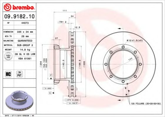 BREMBO 09918210 Тормозные диски для MERCEDES-BENZ ATEGO