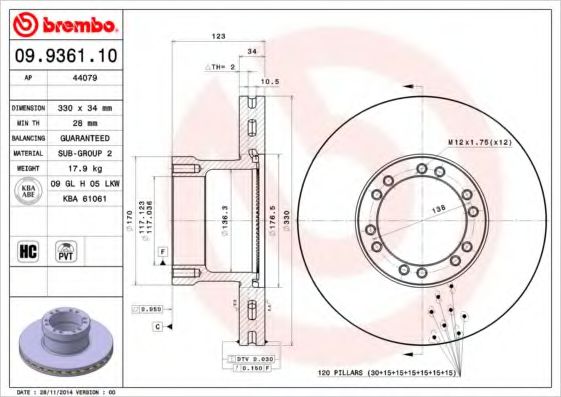 BREMBO 09936110 Тормозные диски для DAF