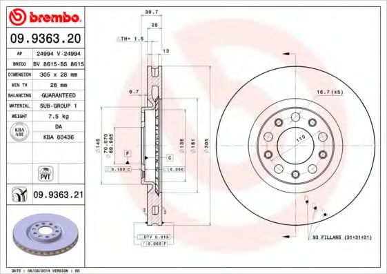 BREMBO 09936320 Тормозные диски для ALFA ROMEO BRERA