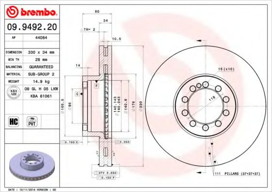 BREMBO 09949220 Тормозные диски BREMBO для RENAULT TRUCKS