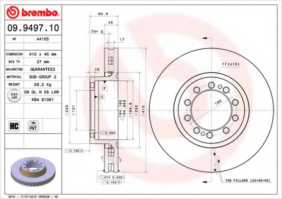 BREMBO 09949710 Тормозные диски для VOLVO FL