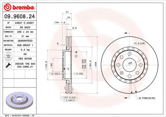 BREMBO 09960824 Тормозные диски для CHEVROLET LANOS