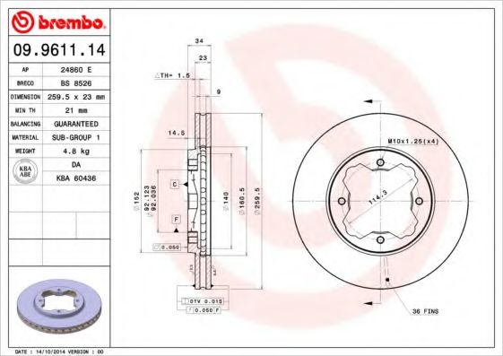 BREMBO 09961114 Тормозные диски для ROVER