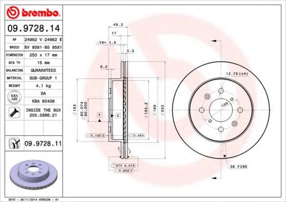 BREMBO 09972814 Тормозные диски BREMBO для SUBARU