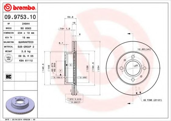 BREMBO 09975310 Тормозные диски для HYUNDAI AMICA