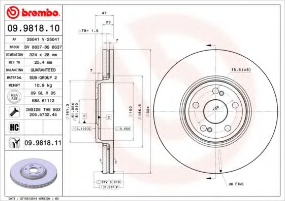BREMBO 09981810 Тормозные диски для RENAULT VEL SATIS