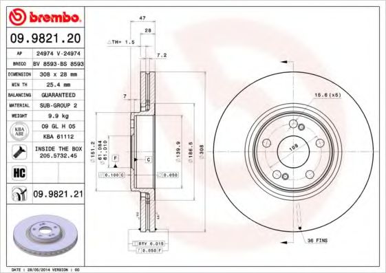 BREMBO 09982121 Тормозные диски BREMBO для RENAULT