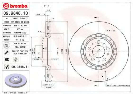 BREMBO 09984811 Тормозные диски для VOLVO XC90