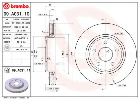 BREMBO 09A03110 Тормозные диски для JEEP