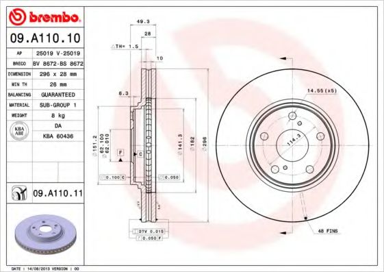 BREMBO 09A11010 Тормозные диски BREMBO для TOYOTA