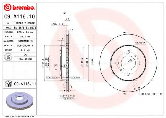 BREMBO 09A11611 Тормозные диски для MITSUBISHI LIBERO