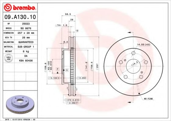 BREMBO 09A13010 Тормозные диски для TOYOTA CONDOR
